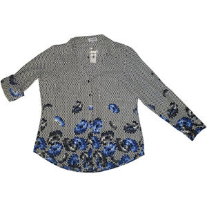 VTG Women's Express Button-Up Shirt Size LG White Black Polka Dot Blue Floral